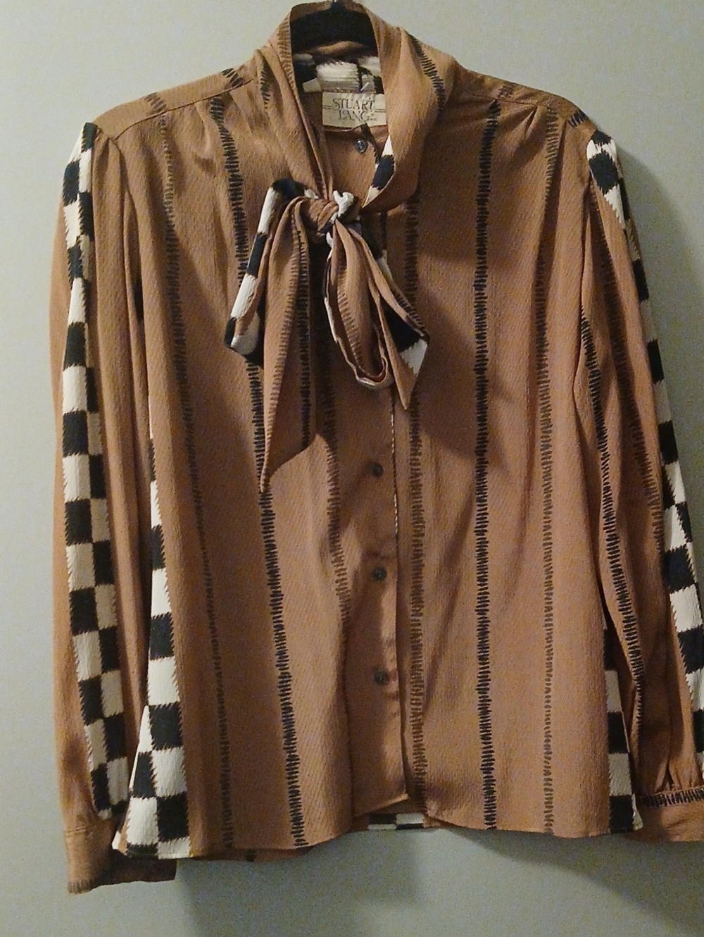 Vtg STUART LANG Brown Black Cream Checkered Print Button Down Shirt